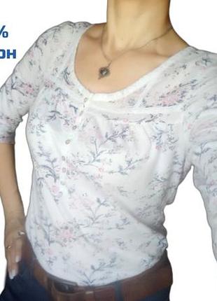 Блуза, топ h&m женская хлопковая кофточка, футболка  в цветочный принт, цвет белый/синий/розовый, 46 р/m
