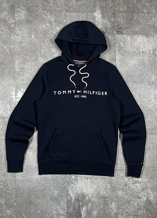 Худі tommy hilfiger томмі хілфігер кофта з капюшоном темно-синя оригінал стан ідеал чоловіча розмір s m на флісі брендова тепла якісна бавовна синя