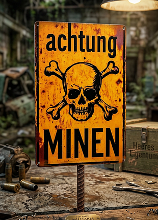 Металлическая винтажная табличка achtung minen/осторожно мины 14х20 см