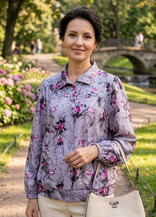 Блузка, блузон серый с розовыми цветами, полиэстер, 3xl
