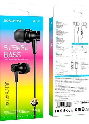 Проводные наушники 3.5mm borofone bm67 stereo bass вакумные с микрофоном 1.2m black управлено одной кнопке,