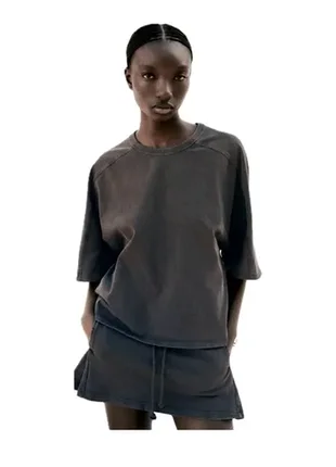Жіноча футболка washed effect zara, колір сірий антрацит варенка