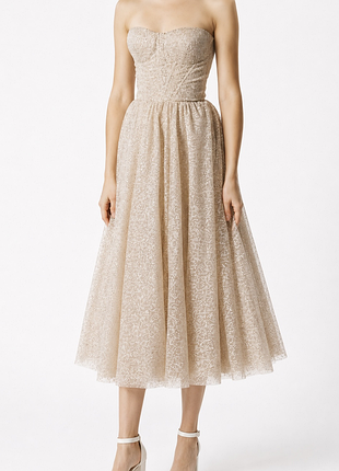 Випускна вечірня сукня millanova milla nova випуск весільна плаття з рукавами топ корсет бежевий молочний s xs xxs міді міні з корсетом шовкове люрекс