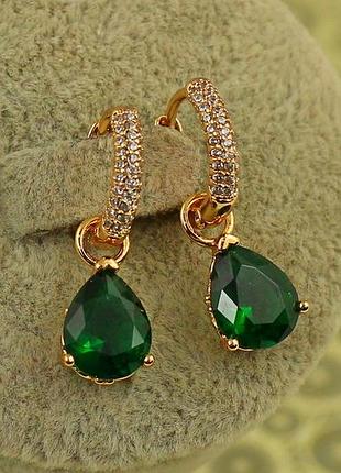 Сережки підвіски xuping jewelry зі зйомною зеленою краплею 2,5 см золотисті