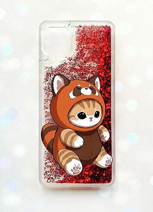 Чохол з плаваючими червоними блискітками samsung galaxy a12 котик панда (принт 423)