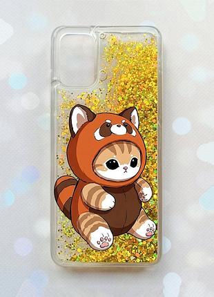 Чехол с плавающими золотыми блестками на samsung galaxy a02s котик панда (принт 423)