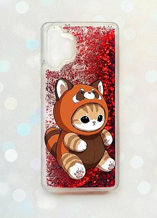 Чохол з плаваючими червоними блискітками samsung galaxy a32 котик панда (принт 423)