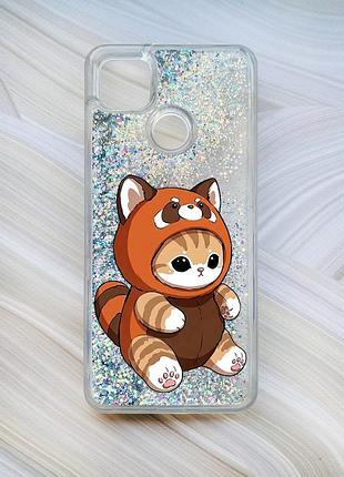 Чехол с плавающими серебряными блестками на xiaomi redmi 9c/10a котик панда (принт 423)