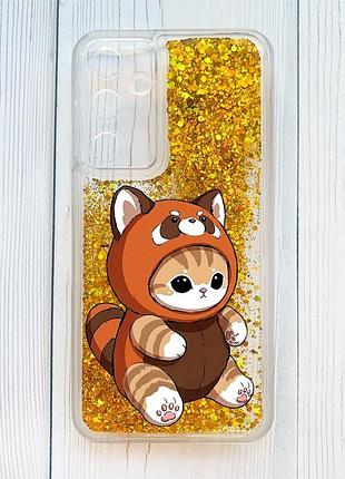 Чехол с плавающими золотыми блестками на samsung galaxy a55 котик панда (принт 423)
