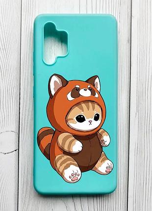 Матовый бирюзовый чехол на samsung galaxy a32 котик панда (принт 423)