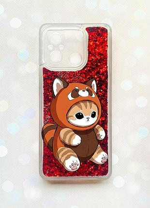 Чехол с плавающими красными блестками на xiaomi redmi 12c котик панда (принт 423)