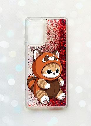 Чохол з плаваючими червоними блискітками на samsung galaxy a52 (a525) котик панда (принт 423)