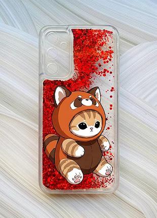 Чехол с плавающими красными блестками на samsung galaxy a24 (a245) котик панда (принт 423)