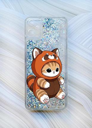 Чехол с плавающими серебряными блестками на samsung galaxy a05 (a055) котик панда (принт 423)