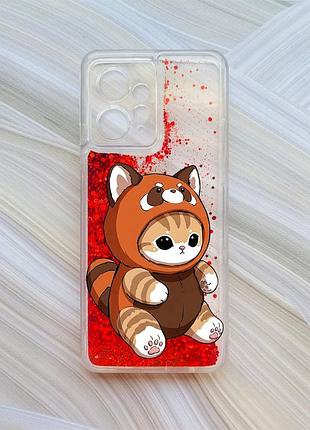 Чехол с плавающими красными блестками на xiaomi redmi note 12 4g котик панда (принт 423)