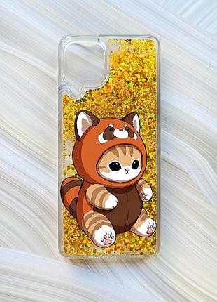 Чехол с плавающими золотыми блестками на samsung galaxy a22 4g/m22/m32 котик панда (принт 423)