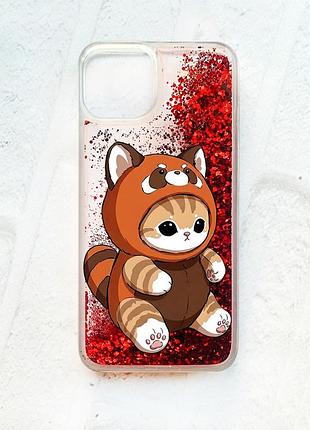 Чехол с плавающими красными блестками на iphone 13 котик панда (принт 423)