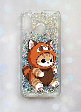 Чехол с плавающими серебряными блестками на samsung galaxy a30(2019) a305/a20 котик панда (принт 423)