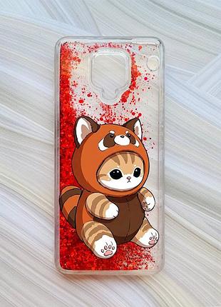 Чохол з плаваючими червоними блискітками на xiaomi redmi note 9 pro/9 pro max/9s котик панда (принт 423)