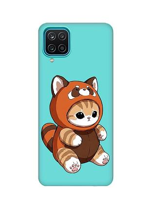 Матовый бирюзовый чехол для samsung galaxy a12 котик панда (принт 423)