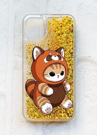 Чехол с плавающими золотыми блестками на iphone 11 котик панда (принт 423)