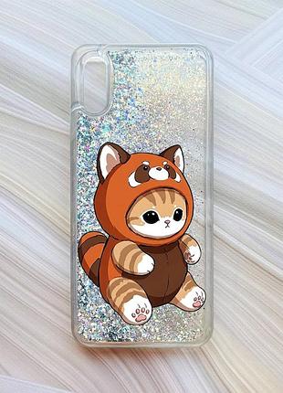 Чехол с плавающими серебряными блестками на xiaomi redmi 9a котик панда (принт 423)