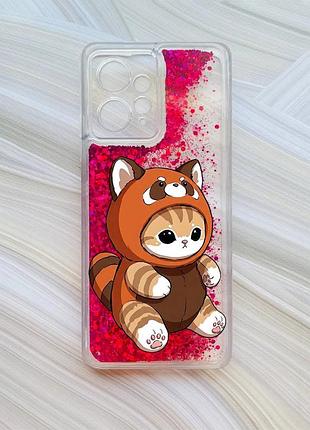 Чехол с плавающими розовыми блестками на xiaomi redmi note 12 4g котик панда (принт 423)