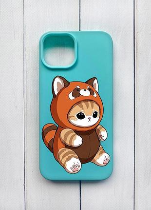 Матовый чехол на iphone 15 бирюзовый котик панда (принт 423)