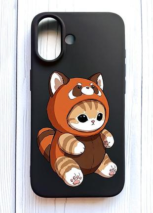 Матовый черный чехол на iphone 16 котик панда (принт 423)