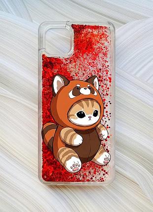 Чехол с плавающими красными блестками на samsung galaxy a04 котик панда (принт 423)