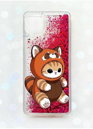 Чохол з плаваючими рожевими блискітками samsung galaxy a12 котик панда (принт 423)