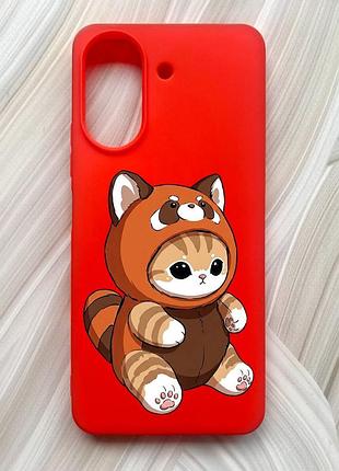 Матовый красный чехол на xiaomi redmi 13c / poco c65 котик панда (принт 423)