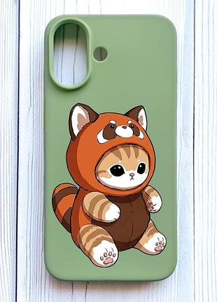 Матовый оливковый чехол на iphone 16 котик панда (принт 423)