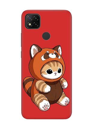 Матовый красный чехол на xiaomi redmi 9c/10a котик панда (принт 423)