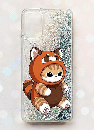 Чехол с плавающими серебряными блестками на samsung galaxy a02s котик панда (принт 423)