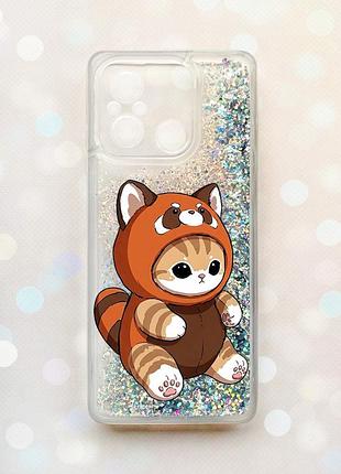 Чехол с плавающими серебряными блестками на xiaomi redmi 12c котик панда (принт 423)