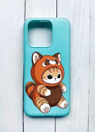 Матовый чехол на xiaomi redmi 12c бирюзовый котик панда (принт 423)