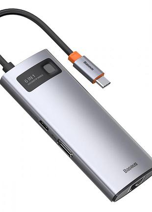 Usb-хаб baseus metal gleam series 6-in-1 (3xusb3.0 + 4khd + rj45 + type-c) серый