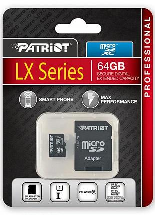 Карта пам'яті patriot microsdhc lx series 64gb class 10 adapter sd з адаптером (psf64gmcsdxc10)