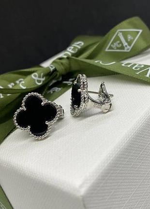 Сріблясті жіночі кульчики конюшина 15х15 мм в мішечку від van cleef & arpels вечірні сережки ван кліф і арпельс повсякденні пусети