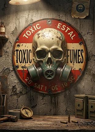 Металлическая круглая табличка череп в противогазе toxic 20х20 см
