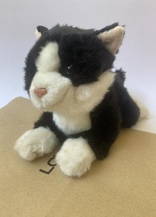 Мягкая плюшевая игрушка кот котик чёрный кошечка реалистичный котёнок черно белого окраса лежачий кот кошечка м'яка плюшева іграшка пухнастий котик