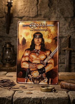 Металлическая винтажная табличка шварценеггер конан-варвар conan barbarian 14х20 см