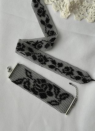 Прозоро-чорний набір прикрас із бісеру: чокер + браслет, стрічковий гердан троянди під вишиванку