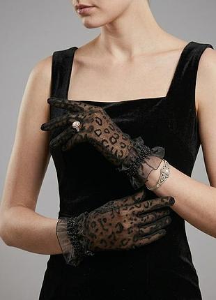 Кружевные перчатки с леопардовым принтом s/m/l черный (30к069)