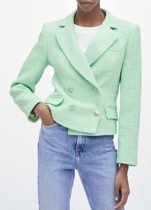 Zara,укороченный пиджак мятного цвета,новый,котон 100%