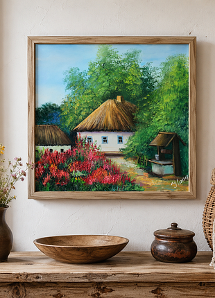 Сельский двор с  цветами и колодцем, оргалит,40х40
