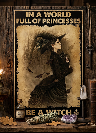 Металлическая винтажная табличка be a witch ведьма с котом 14х20 см