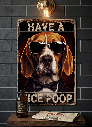 Металлическая винтажная табличка бигль в очках have a nice poop 14х20 см