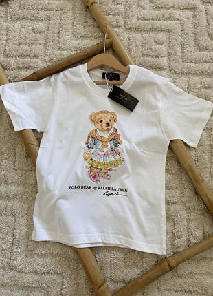 Футболка для дівчинки з бавовни polo ralph lauren з ведмедиком біла бавовняна бавовна